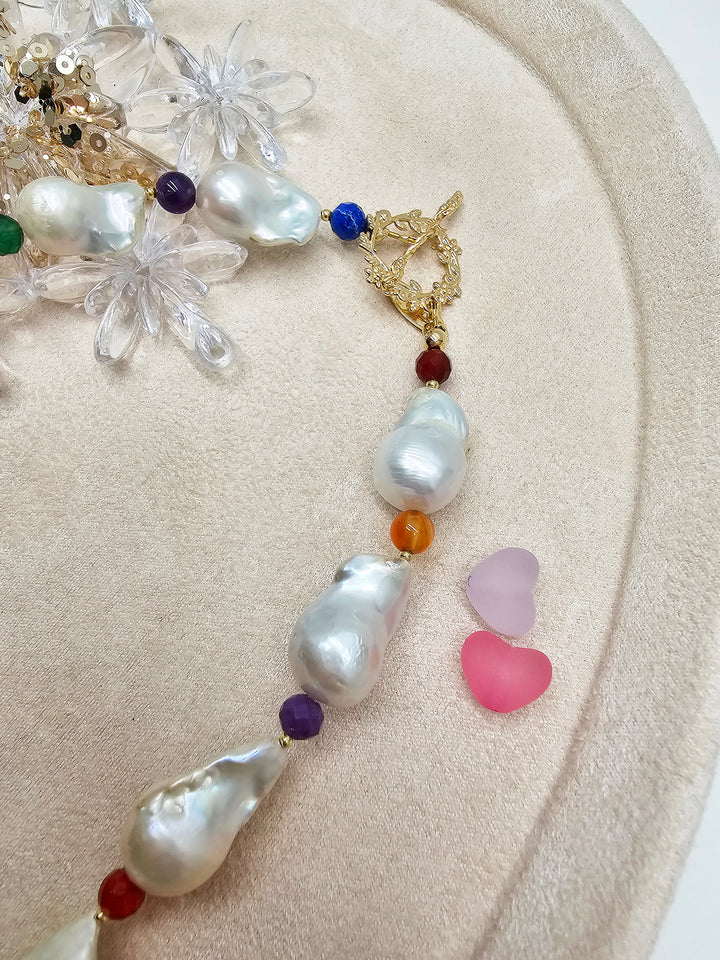 Baroque Pearls With Colorful Gemstone Necklace SN039