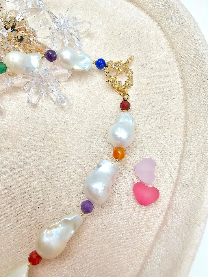 Baroque Pearls With Colorful Gemstone Necklace SN039