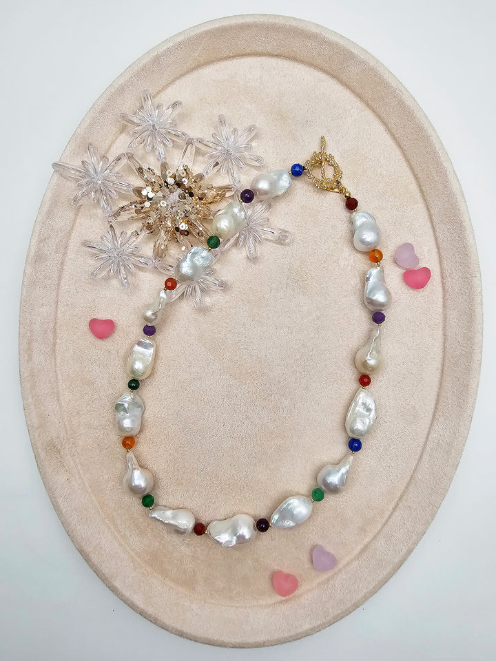 Baroque Pearls With Colorful Gemstone Necklace SN039
