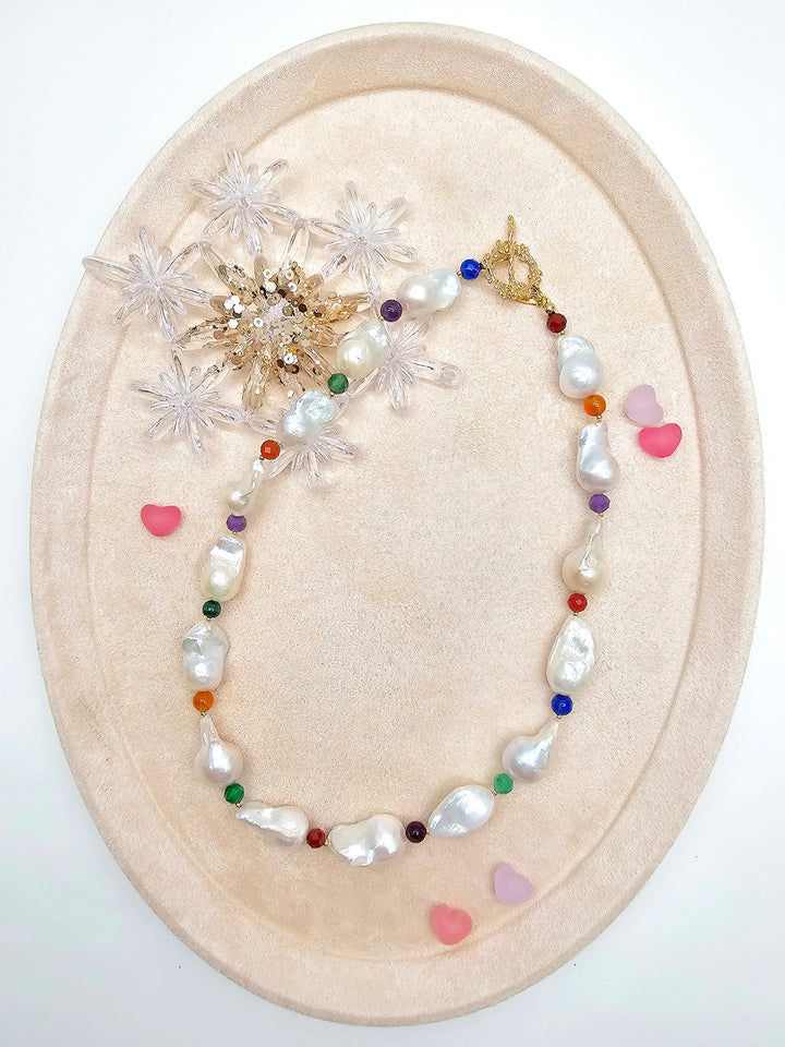 Baroque Pearls With Colorful Gemstone Necklace SN039