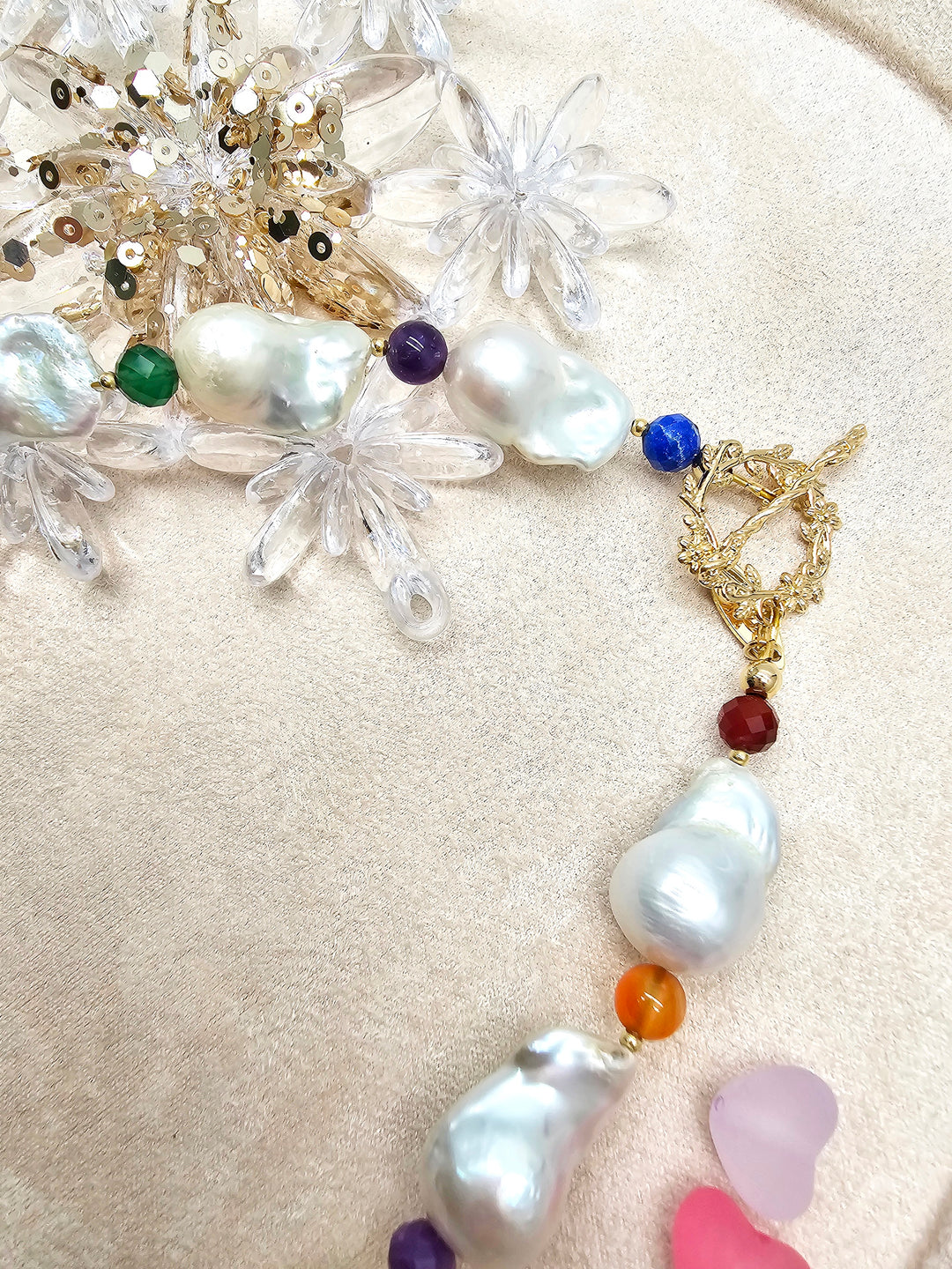 Baroque Pearls With Colorful Gemstone Necklace SN039