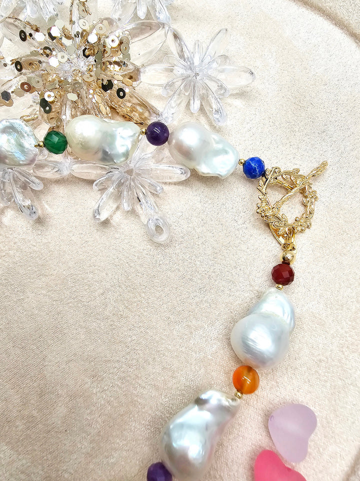 Baroque Pearls With Colorful Gemstone Necklace SN039
