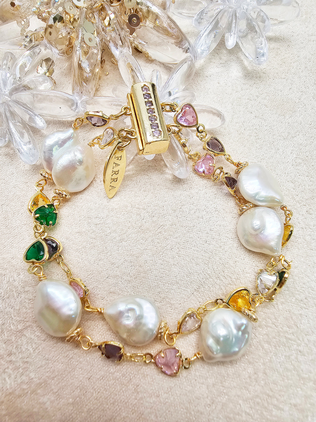 Colorful Zircon With Irregular Flat Baroque Pearls Double Layers Bracelet SB021