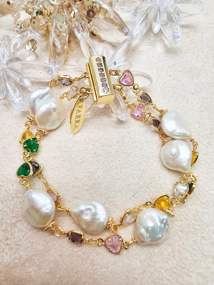 Colorful Zircon With Irregular Flat Baroque Pearls Double Layers Bracelet SB021