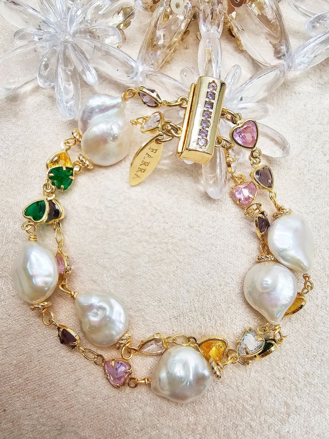 Colorful Zircon With Irregular Flat Baroque Pearls Double Layers Bracelet SB021