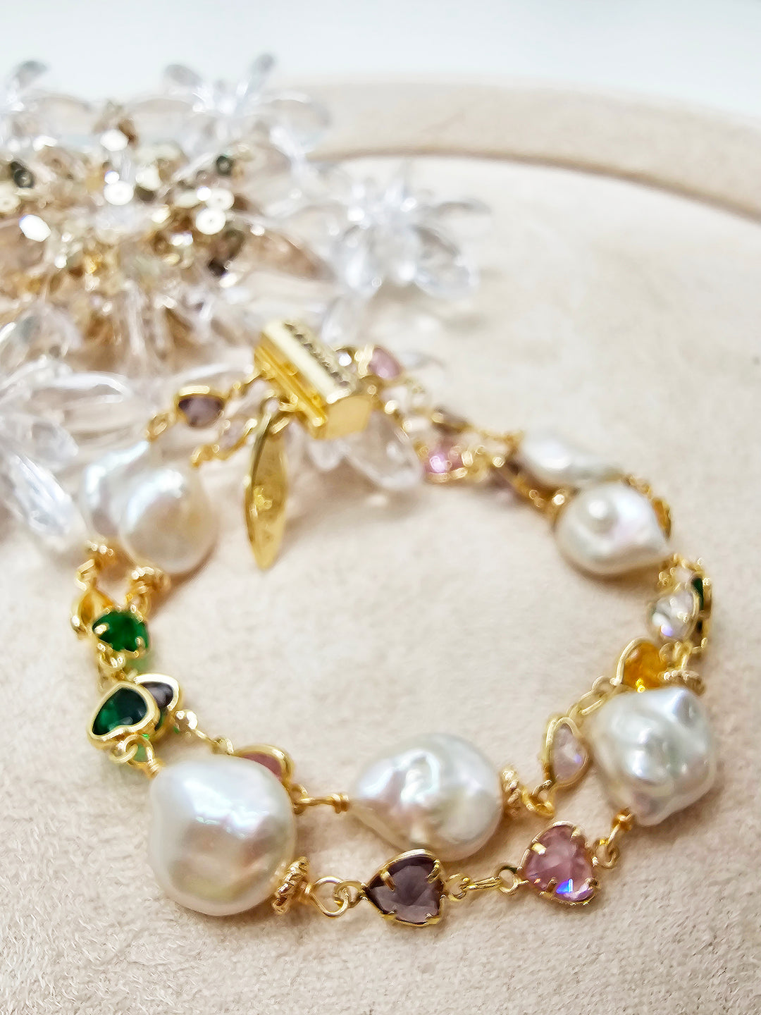 Colorful Zircon With Irregular Flat Baroque Pearls Double Layers Bracelet SB021
