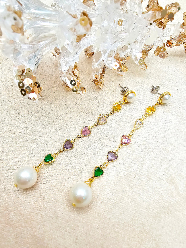 Colorful Heart Zircon With Freshwater Pearl Drops Stud Earrings SE021