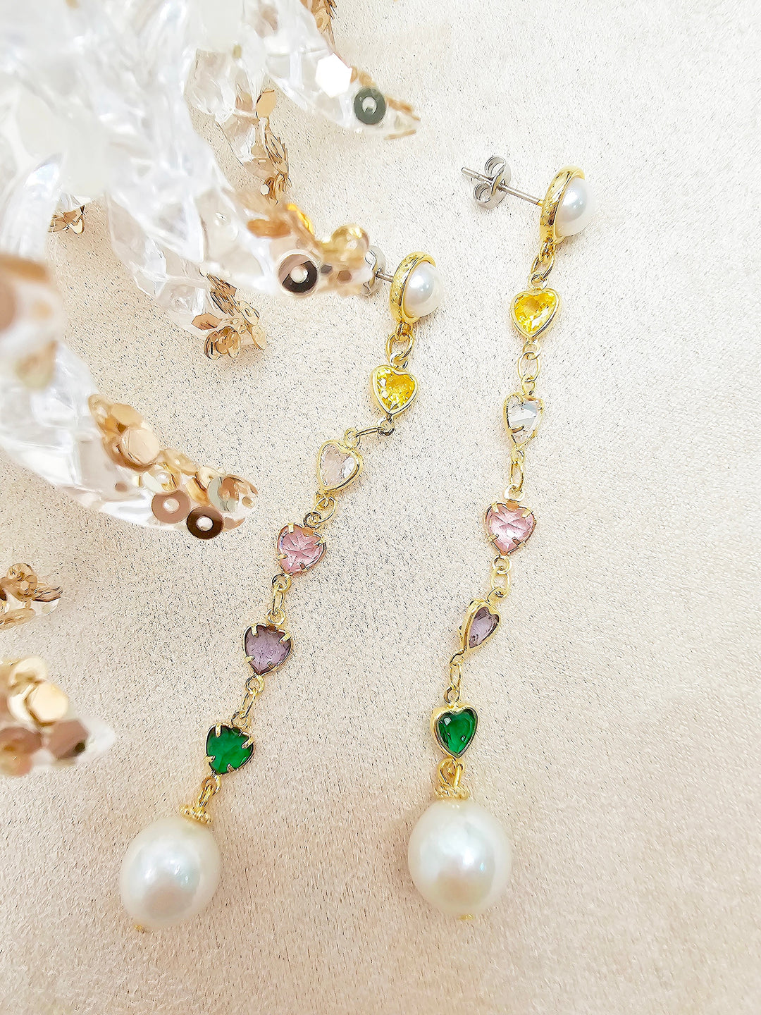 Colorful Heart Zircon With Freshwater Pearl Drops Stud Earrings SE021