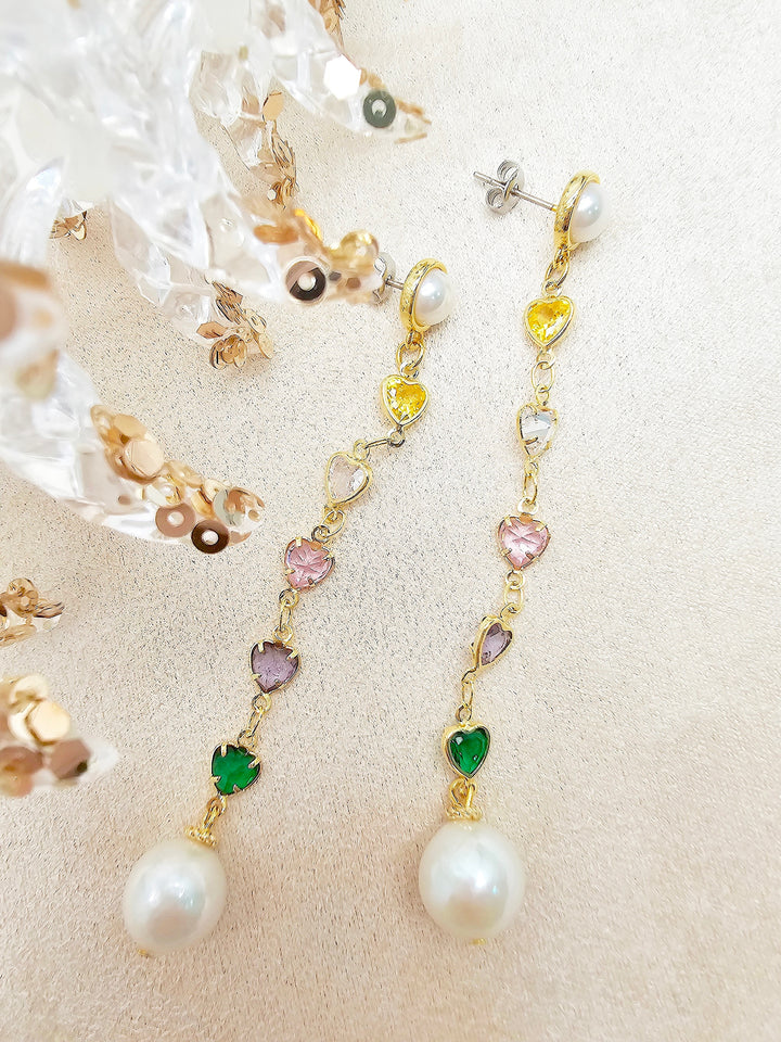Colorful Heart Zircon With Freshwater Pearl Drops Stud Earrings SE021