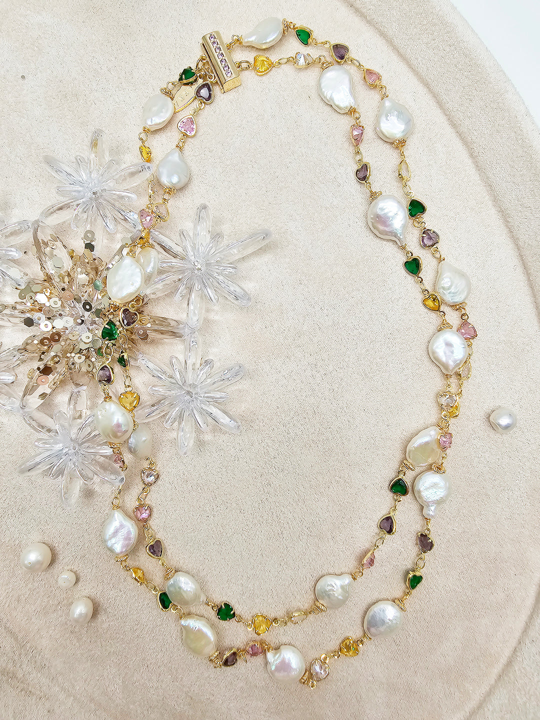Colorful Zircon Chain With Baroque Pearl Double Layers Necklace SN041