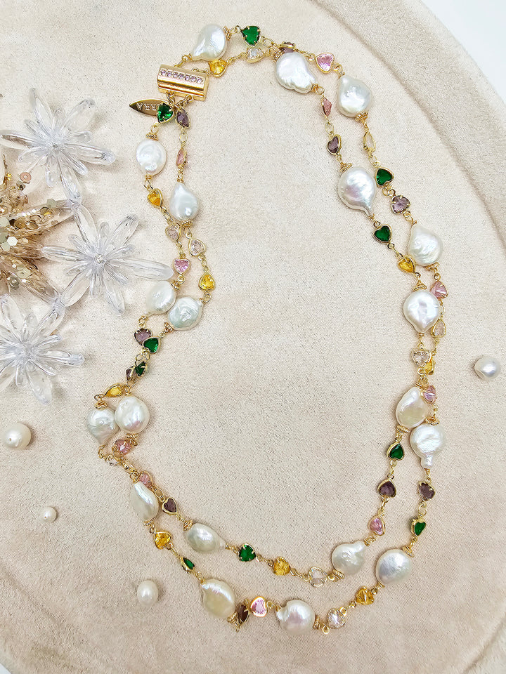 Colorful Zircon Chain With Baroque Pearl Double Layers Necklace SN041