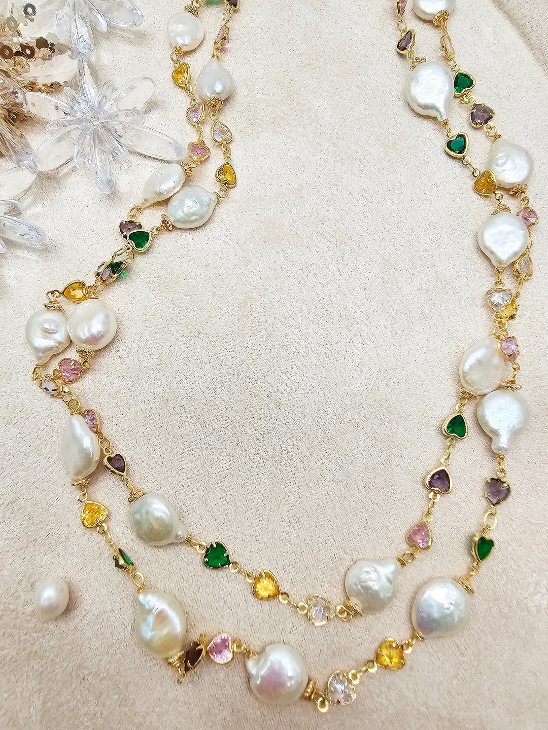 Colorful Zircon Chain With Baroque Pearl Double Layers Necklace SN041