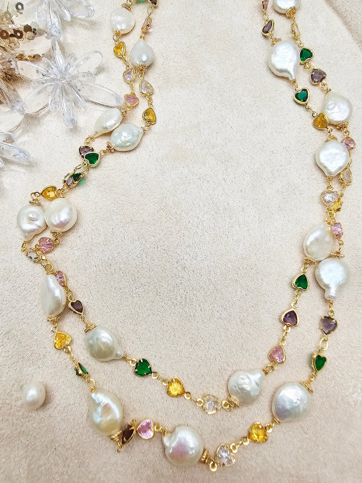 Colorful Zircon Chain With Baroque Pearl Double Layers Necklace SN041