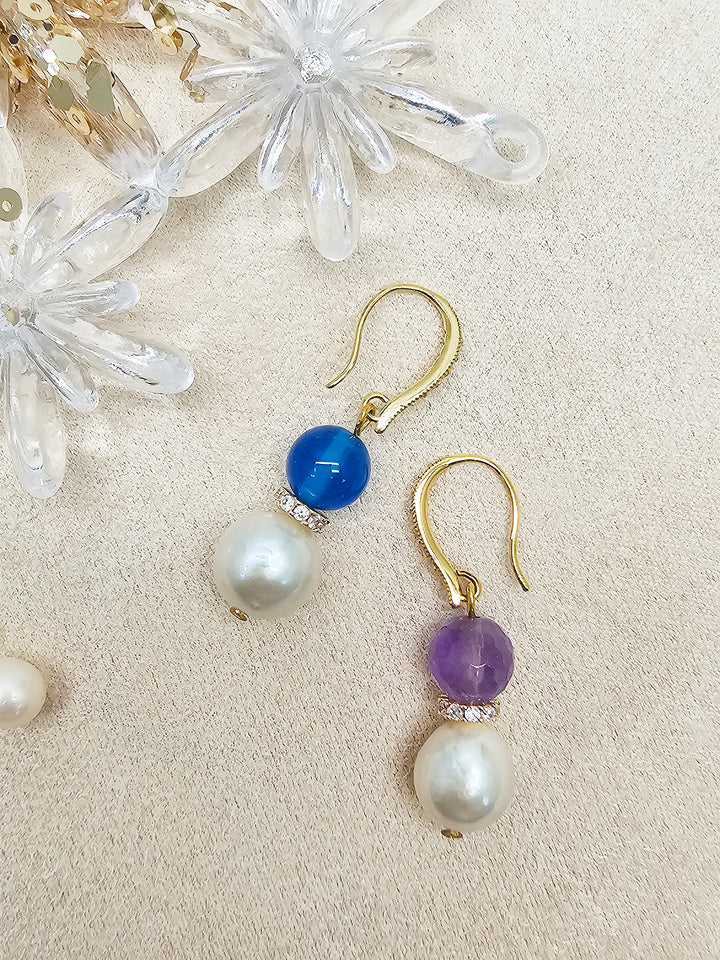 Purple Amethyst And Blue Agate With Freshwater Pearl Dangle Earrings SE023