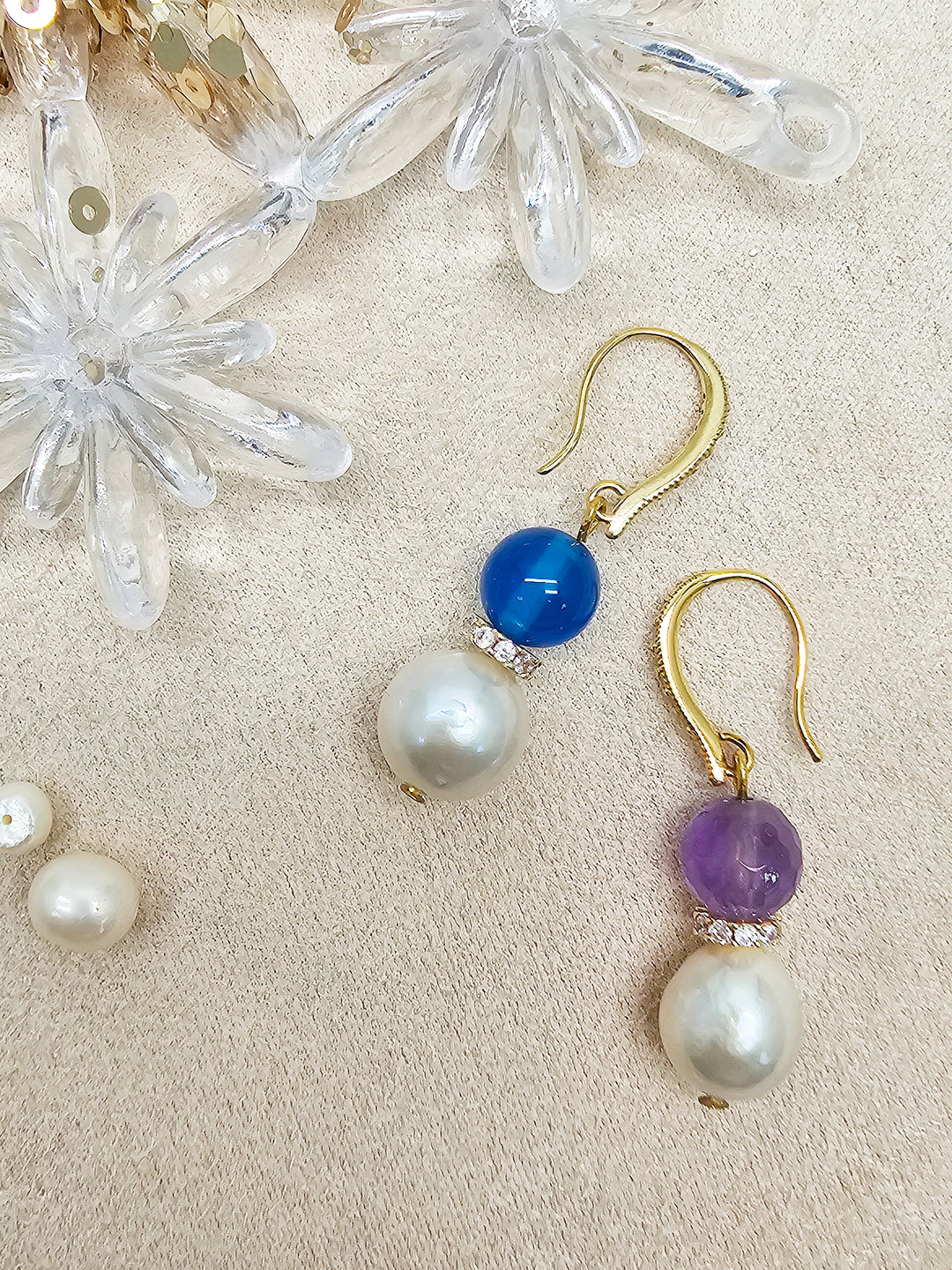 Purple Amethyst And Blue Agate With Freshwater Pearl Dangle Earrings SE023