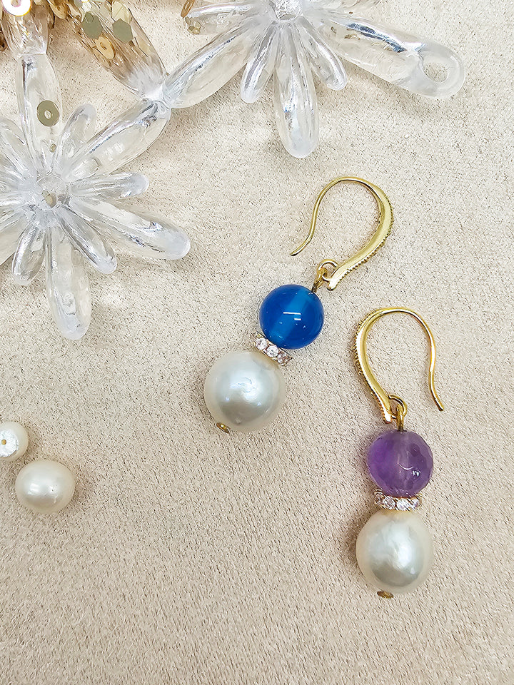 Purple Amethyst And Blue Agate With Freshwater Pearl Dangle Earrings SE023