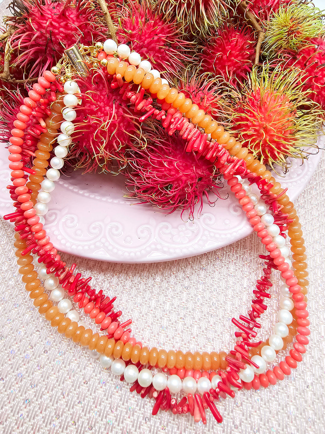 Red Gemstone Mixed With Freshwater Pearls Multi-layers Necklace SN005