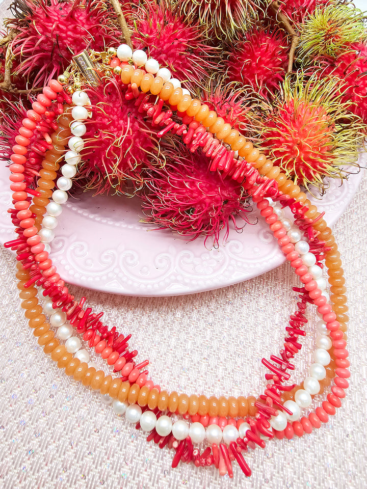 Red Gemstone Mixed With Freshwater Pearls Multi-layers Necklace SN005