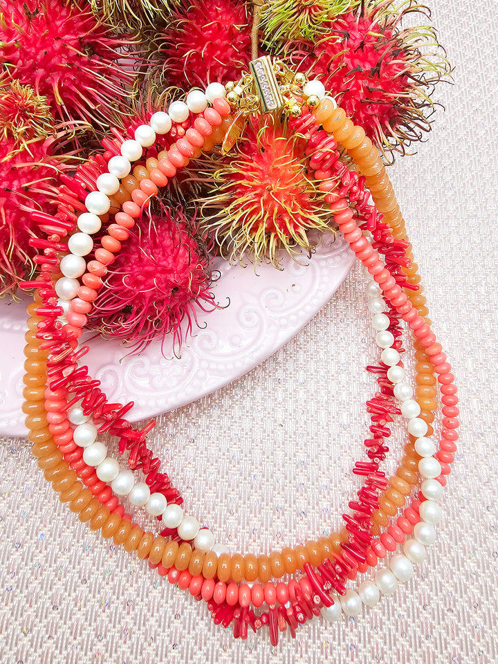 Red Gemstone Mixed With Freshwater Pearls Multi-layers Necklace SN005