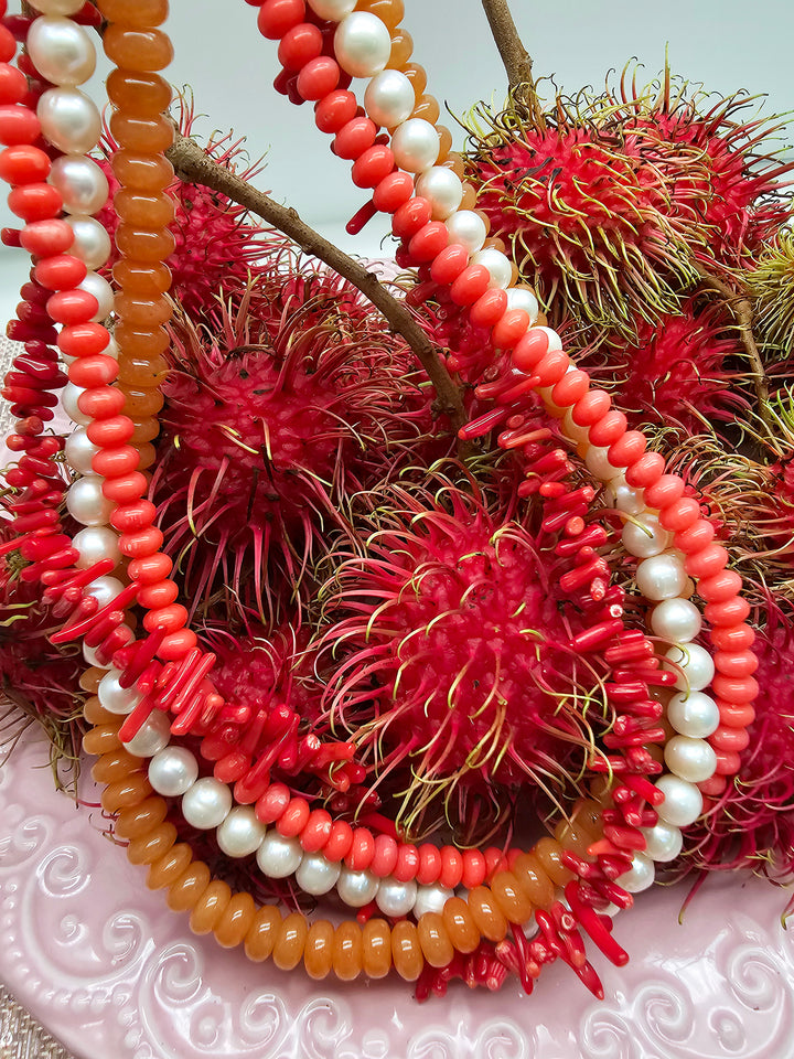 Red Gemstone Mixed With Freshwater Pearls Multi-layers Necklace SN005