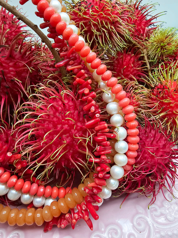 Red Gemstone Mixed With Freshwater Pearls Multi-layers Necklace SN005