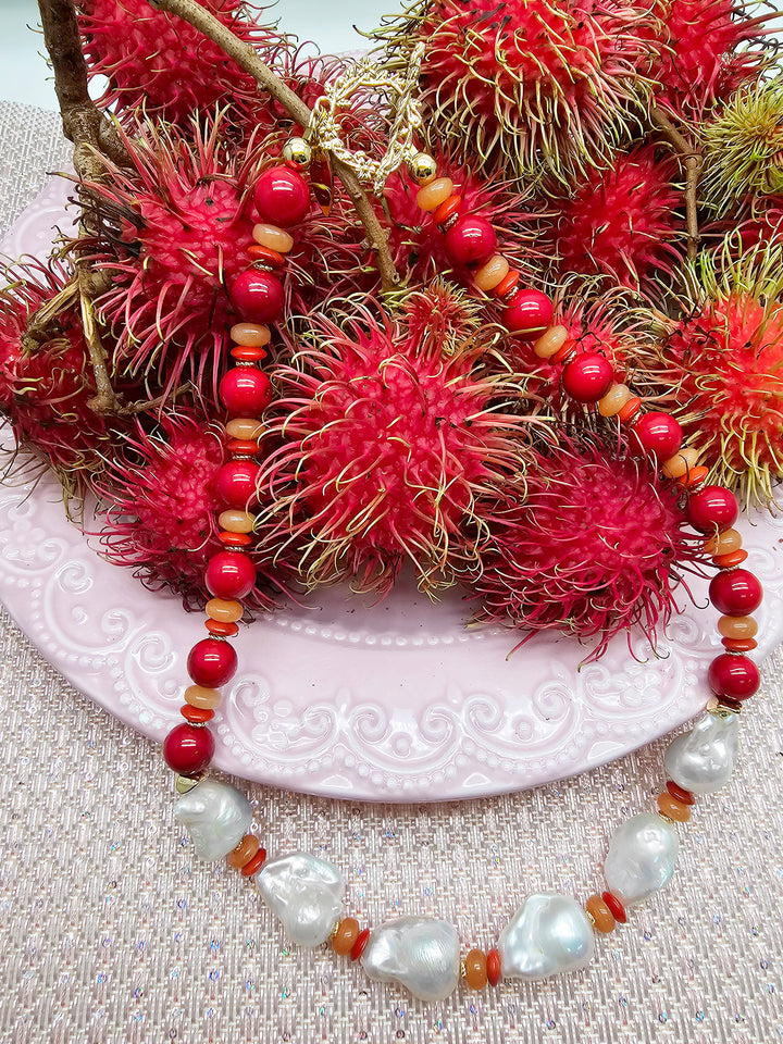 Red Bamboo Coral With Baroque Pearls Statement Necklace SN003