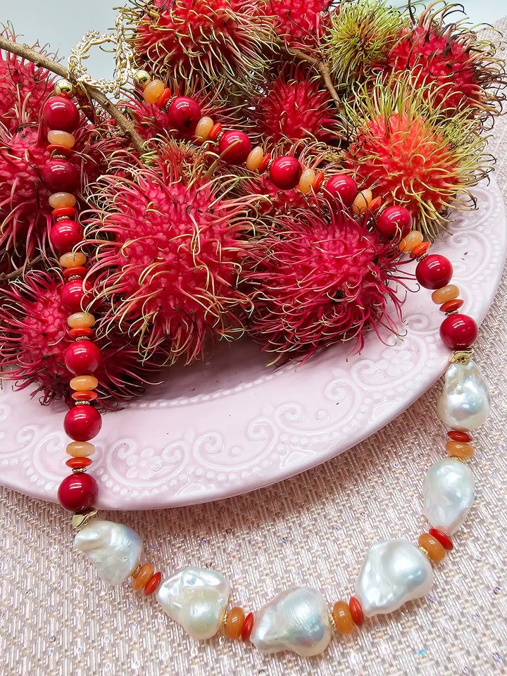 Red Bamboo Coral With Baroque Pearls Statement Necklace SN003
