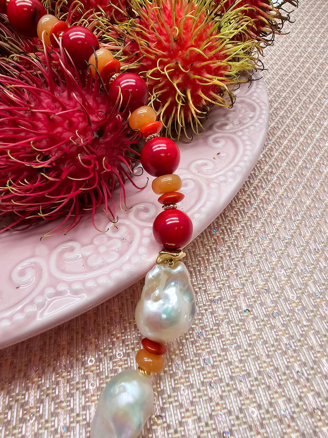 Red Bamboo Coral With Baroque Pearls Statement Necklace SN003