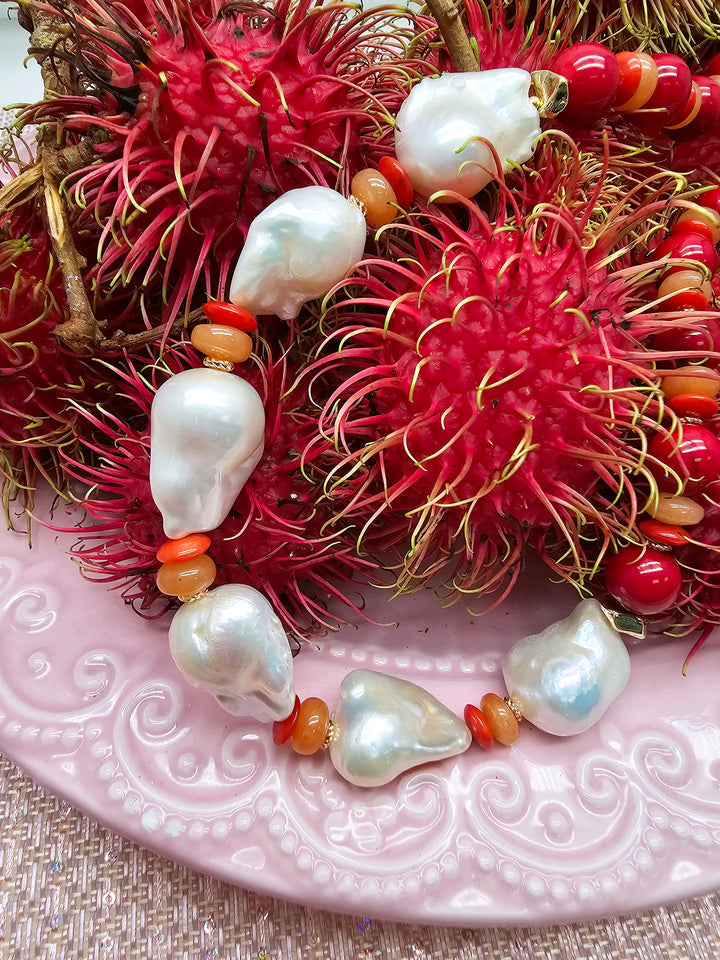 Red Bamboo Coral With Baroque Pearls Statement Necklace SN003