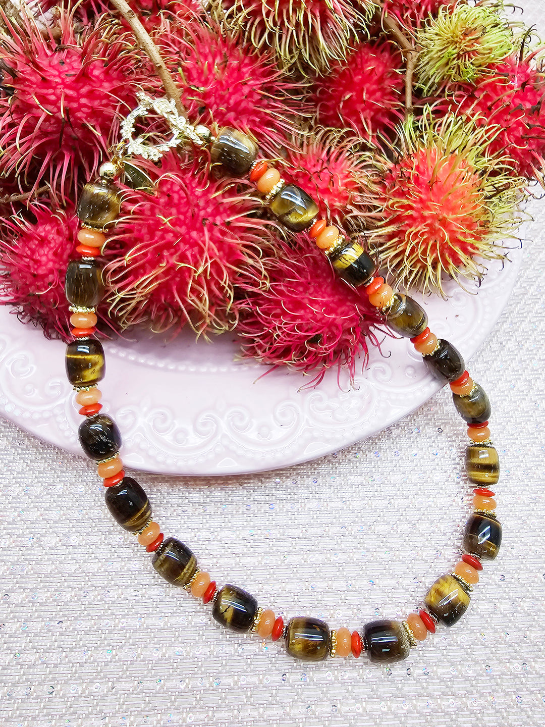Nugget Tiger-eye Stone With Orange Gemstone Necklace SN007