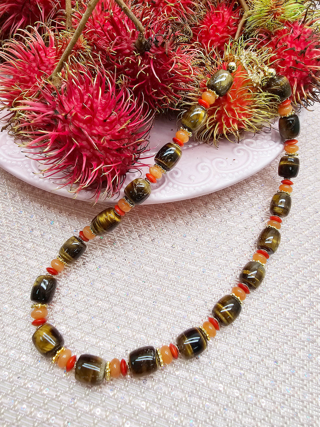 Nugget Tiger-eye Stone With Orange Gemstone Necklace SN007