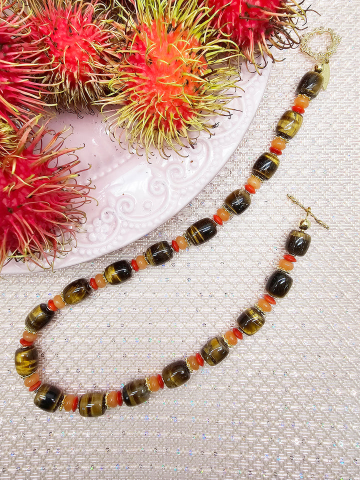 Nugget Tiger-eye Stone With Orange Gemstone Necklace SN007