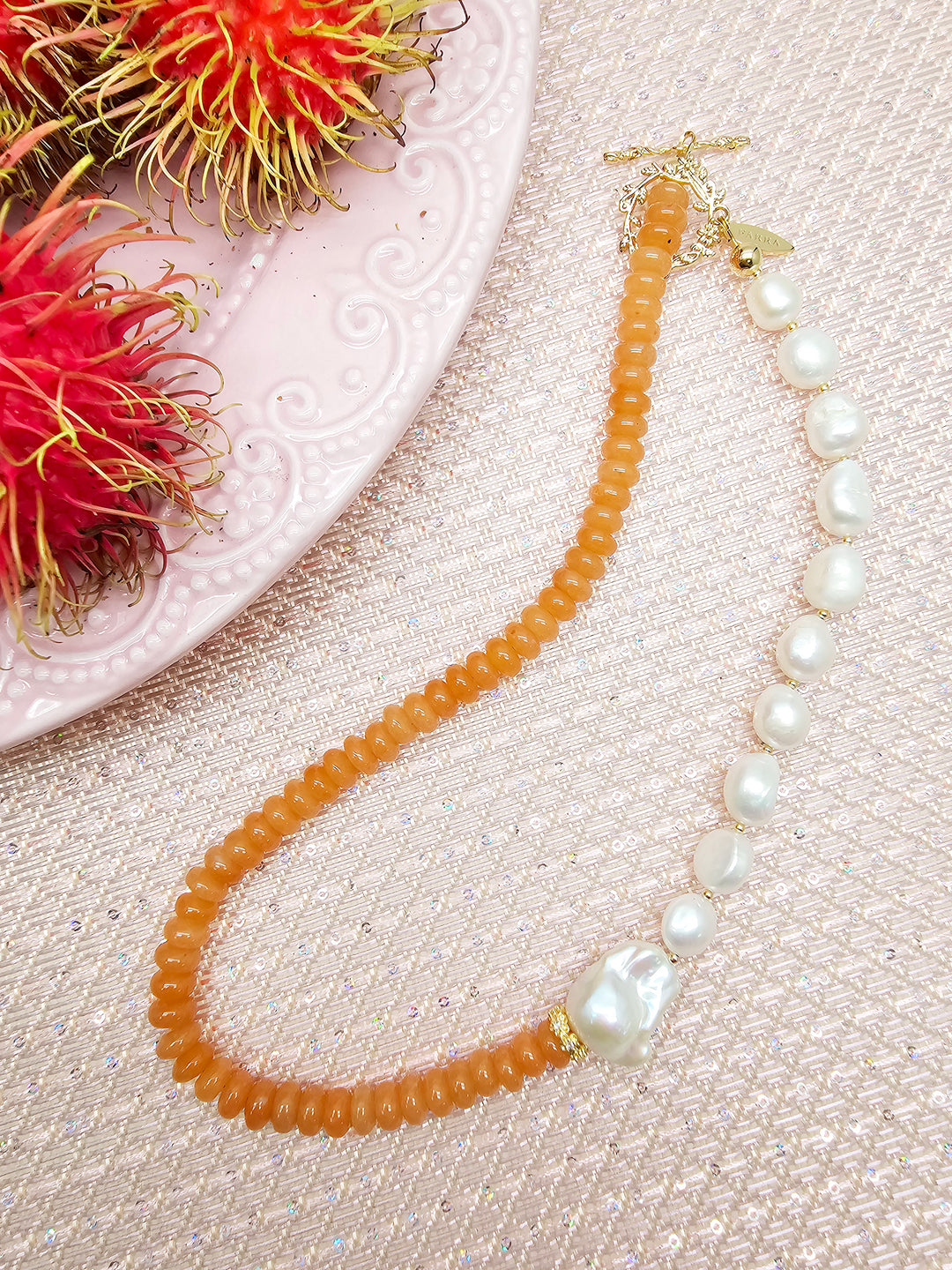 Orange Aventurine With Freshwater Baroque Pearl Necklace SN008