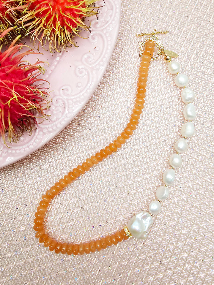 Orange Aventurine With Freshwater Baroque Pearl Necklace SN008