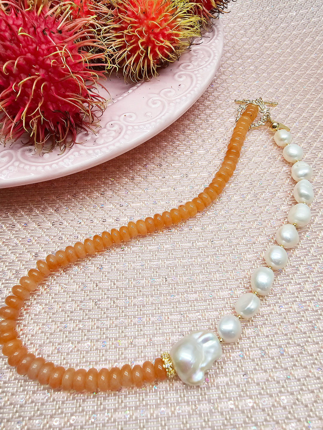 Orange Aventurine With Freshwater Baroque Pearl Necklace SN008