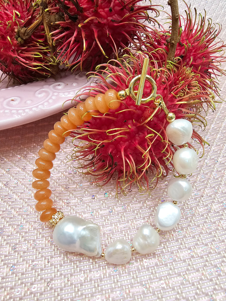 Orange Aventurine With Freshwater Baroque Pearl Bracelet SB003