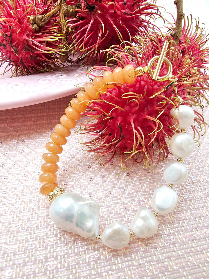 Orange Aventurine With Freshwater Baroque Pearl Bracelet SB003