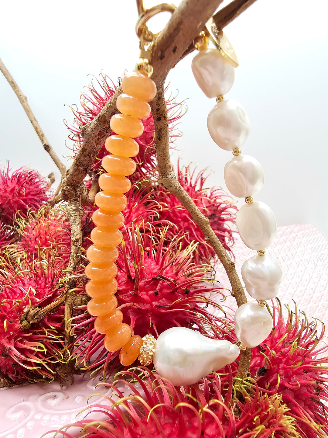 Orange Aventurine With Freshwater Baroque Pearl Bracelet SB003