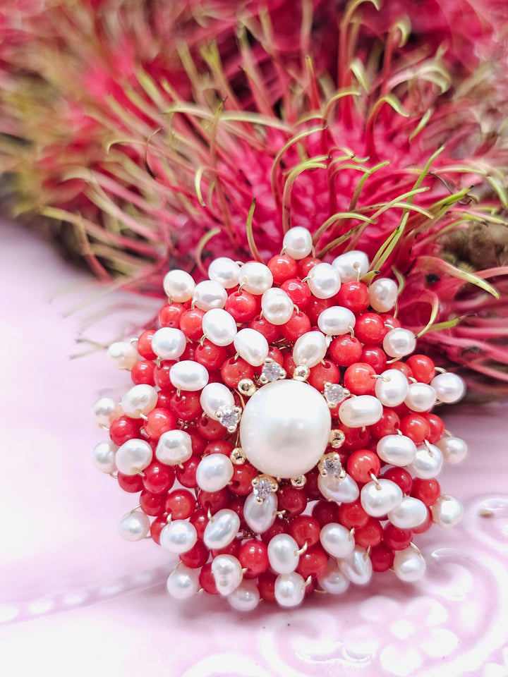 Flower Handcrafted Red Bamboo Coral And Freshwater Pearl Brooch SP001