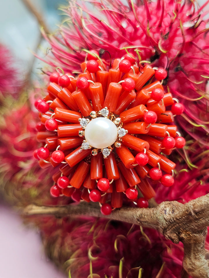 Flower Handcrafted Red Bamboo Coral Brooch SP003
