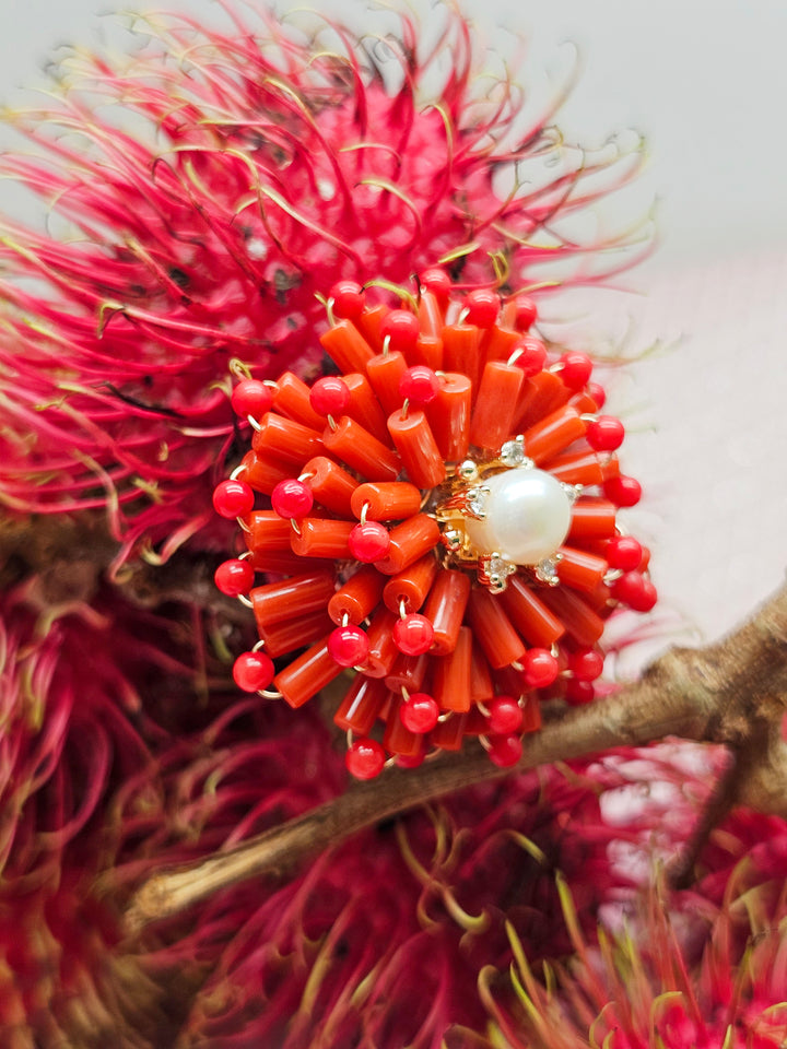 Flower Handcrafted Red Bamboo Coral Brooch SP003
