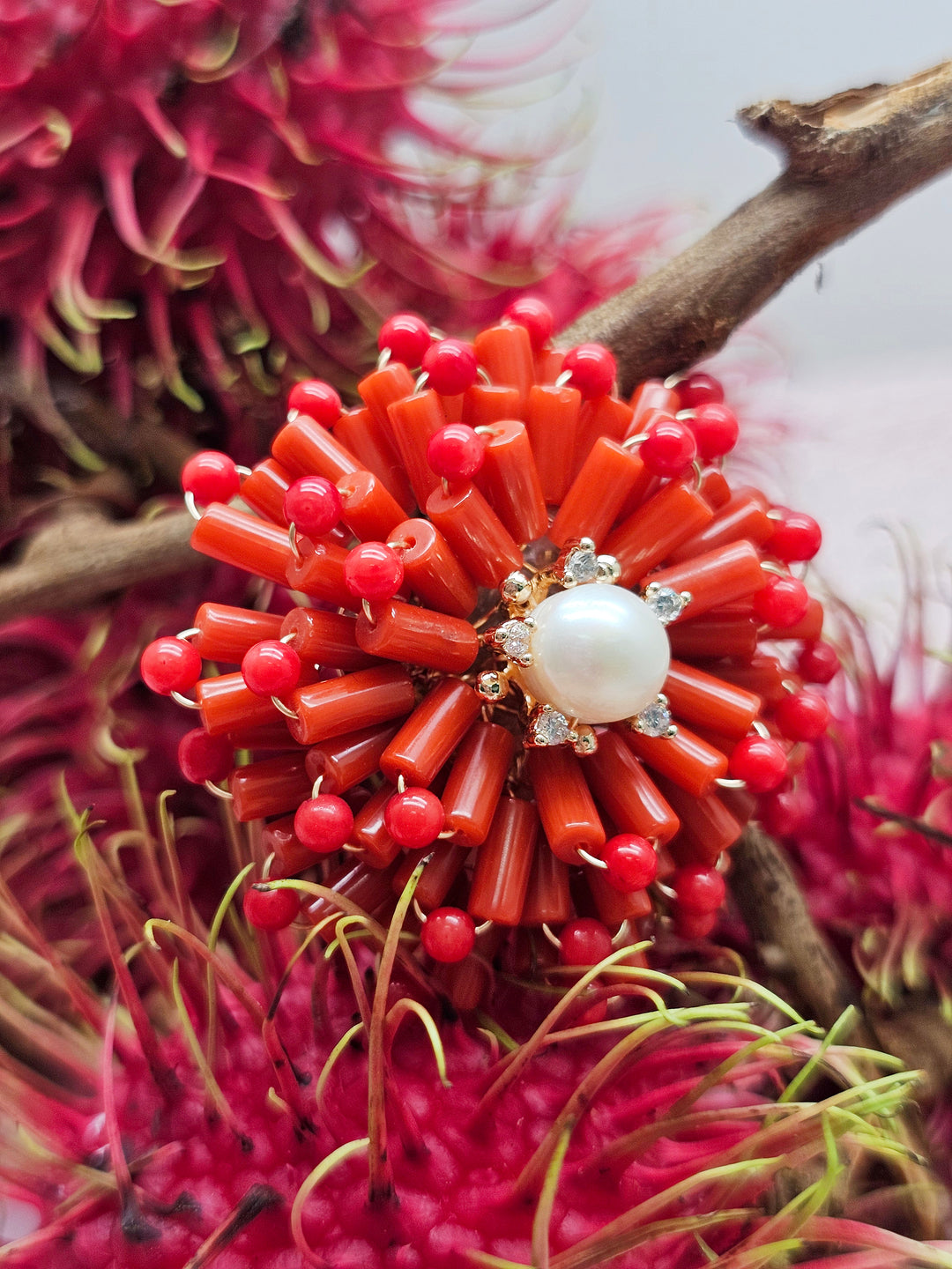 Flower Handcrafted Red Bamboo Coral Brooch SP003