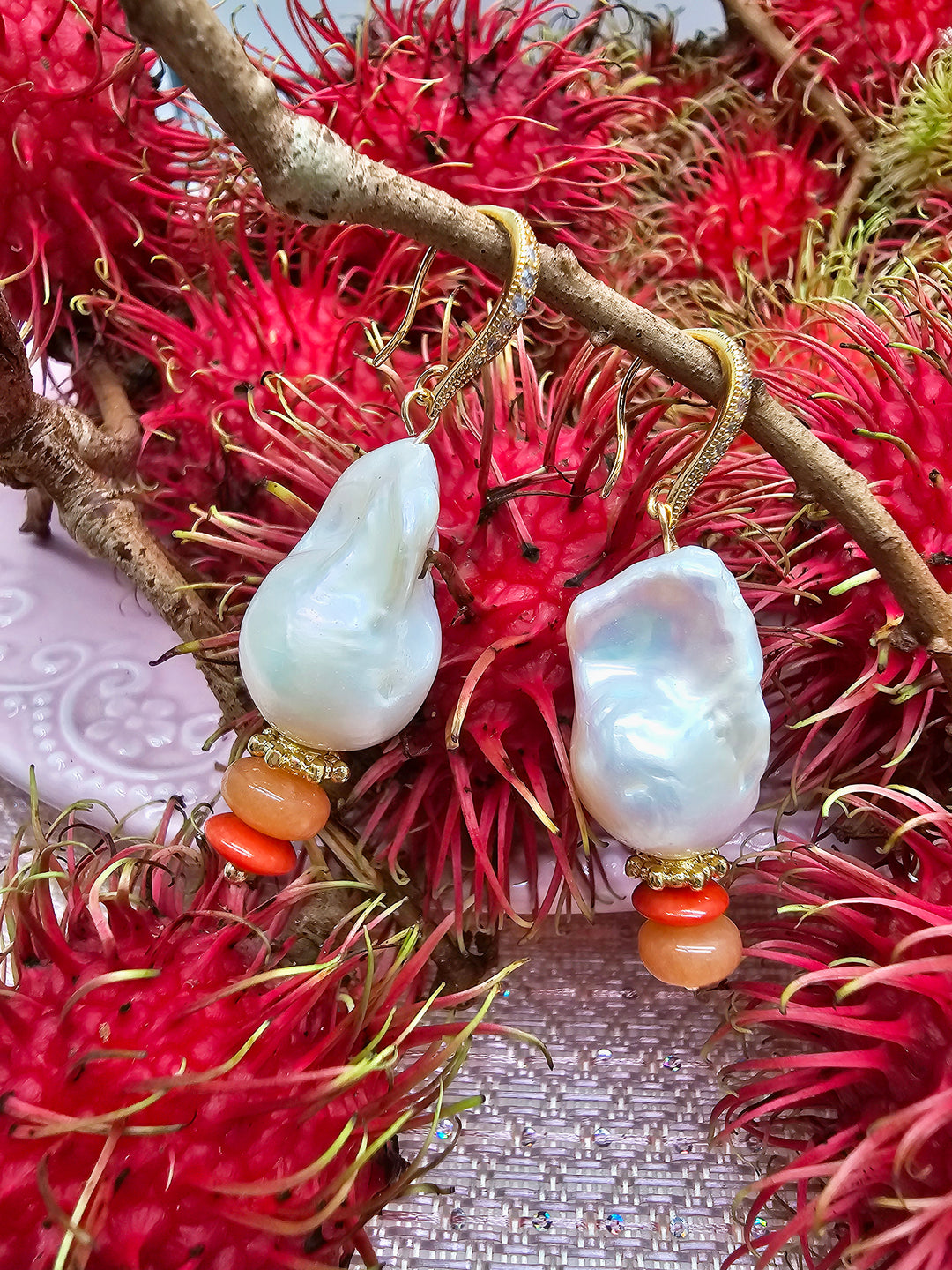Baroque Pearl With Orange Aventurine And Bamboo Coral Earrings SE002