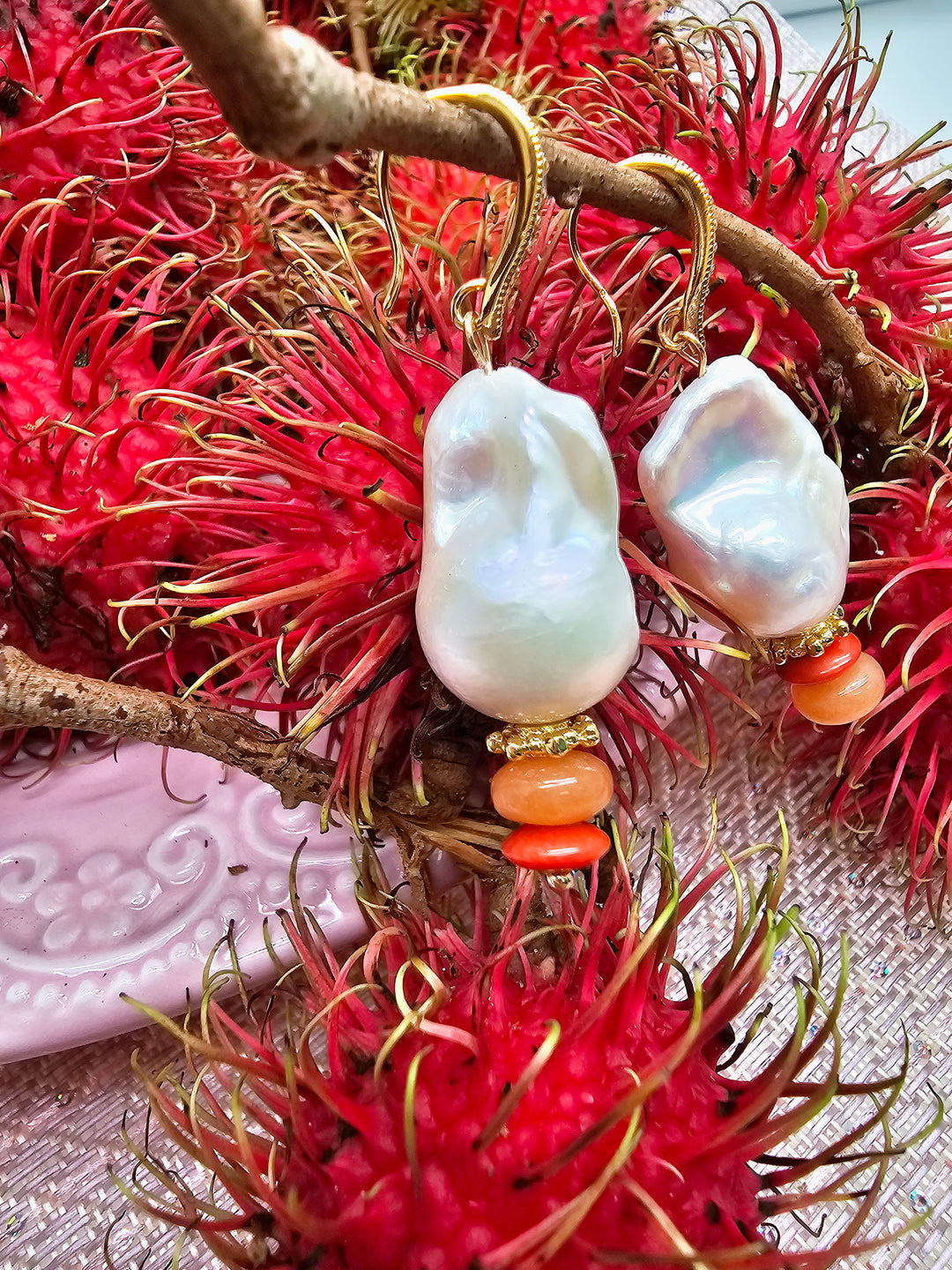 Baroque Pearl With Orange Aventurine And Bamboo Coral Earrings SE002