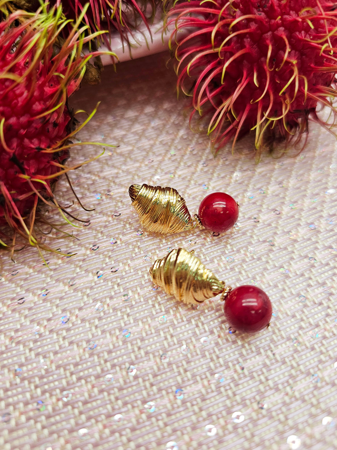 Red Bamboo Coral Dangle Gold Stud Earrings SE001