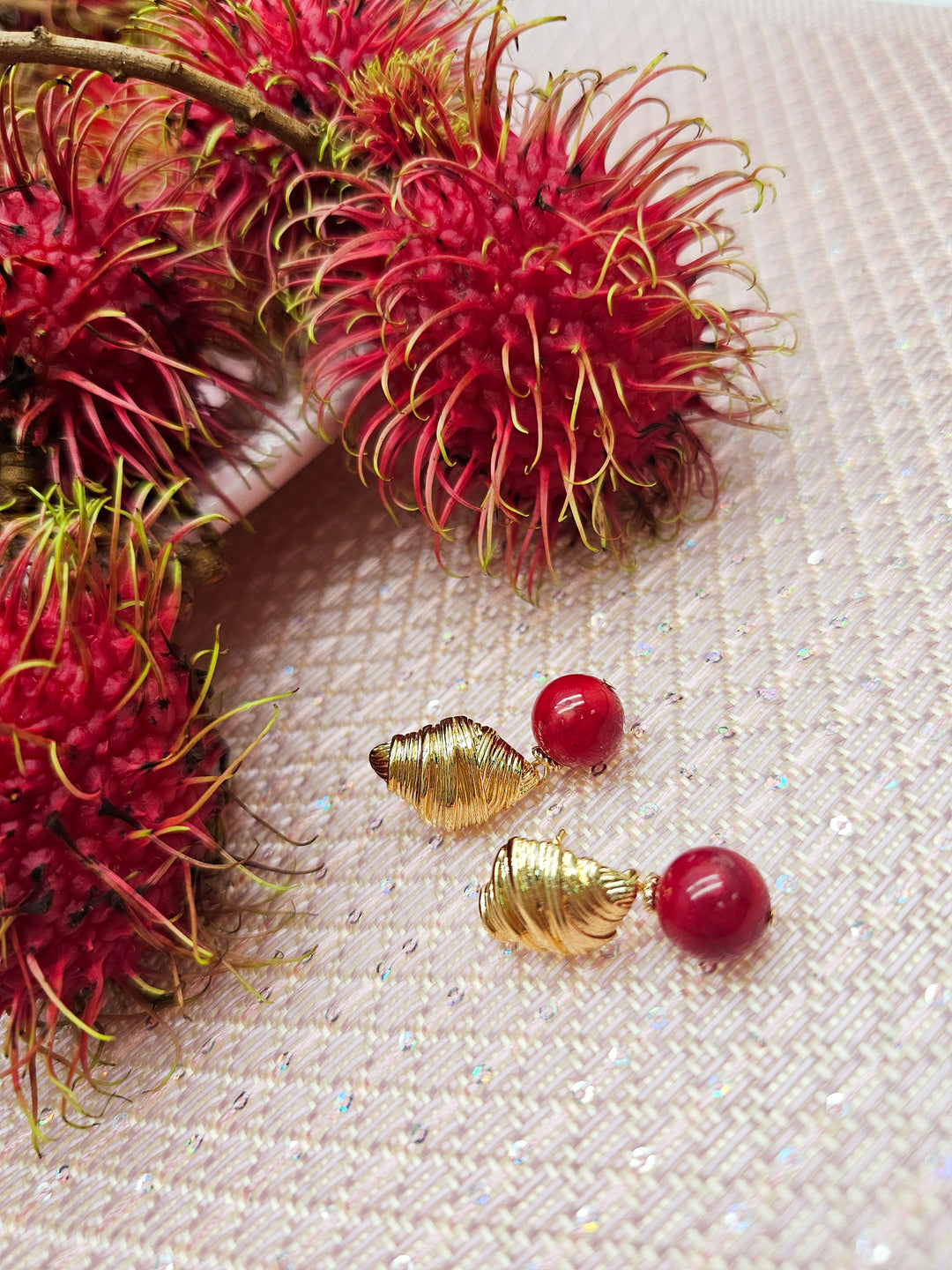 Red Bamboo Coral Dangle Gold Stud Earrings SE001