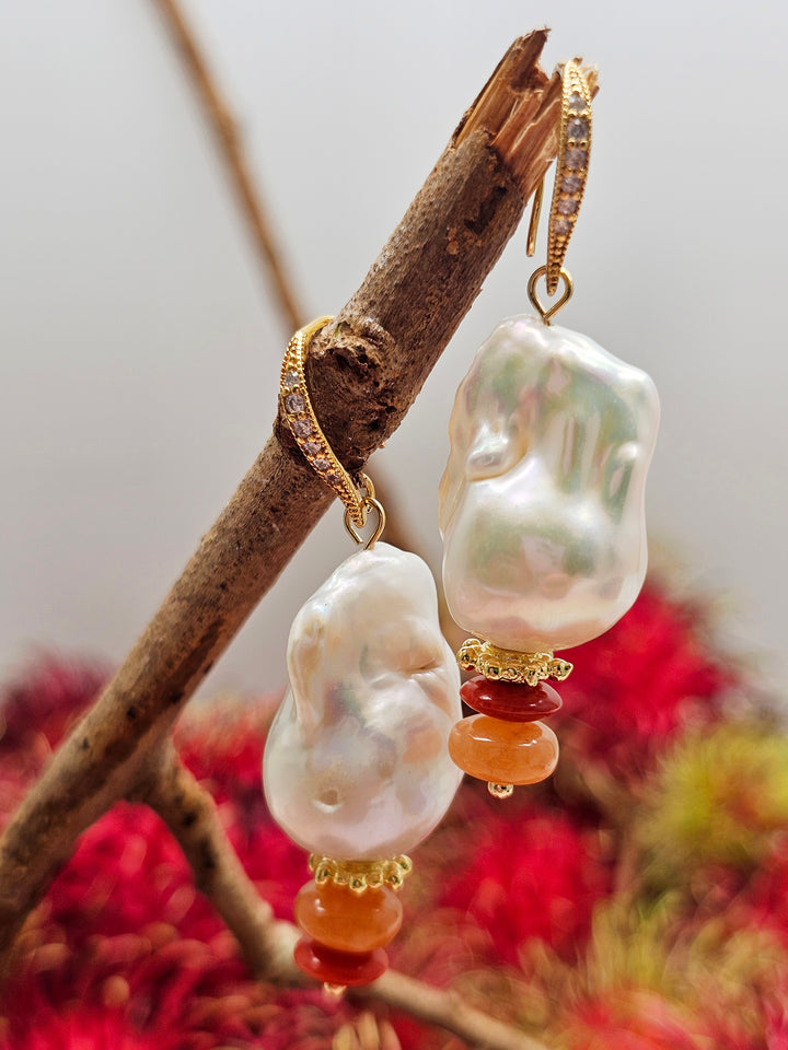Baroque Pearl With Orange Aventurine And Bamboo Coral Earrings SE002