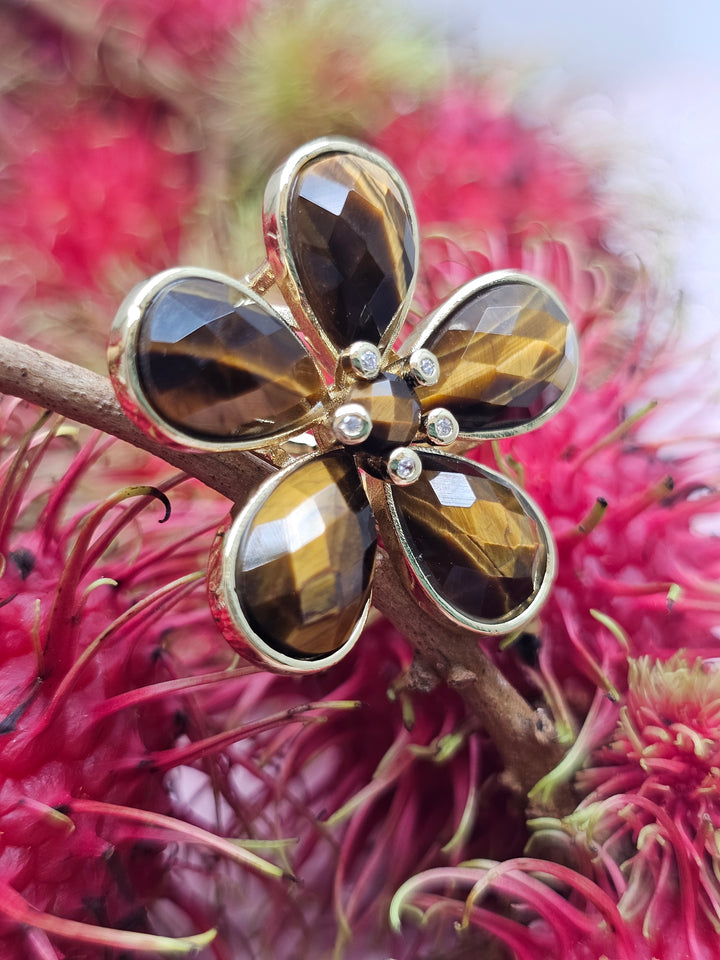 Flower Shaped Tiger-eye Stone Cocktail Ring SR003