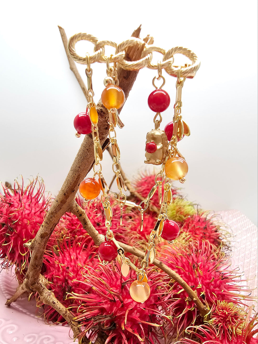 Red Bamboo Coral & Orange Agate Hedgehog Tassel Brooch SP002