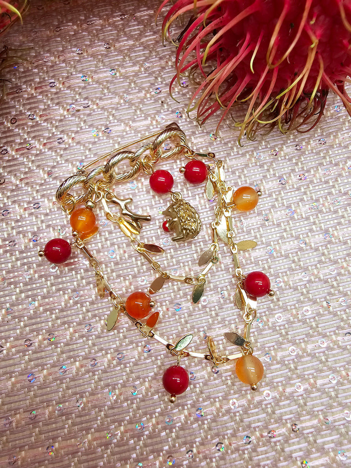 Red Bamboo Coral & Orange Agate Hedgehog Tassel Brooch SP002